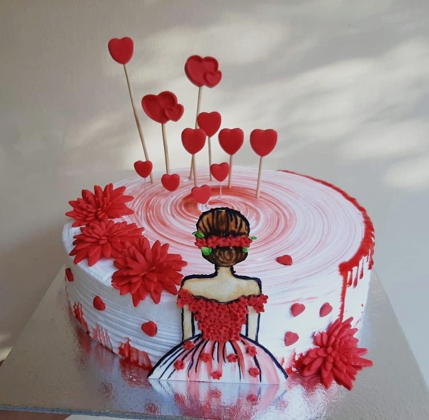 Red dress fashion cake with heart toppers